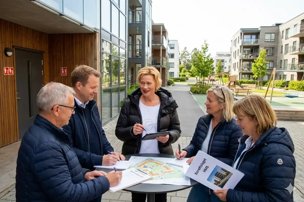 Styret i borettslag går gjennom HMS-dokumentasjon sammen med en rådgiver